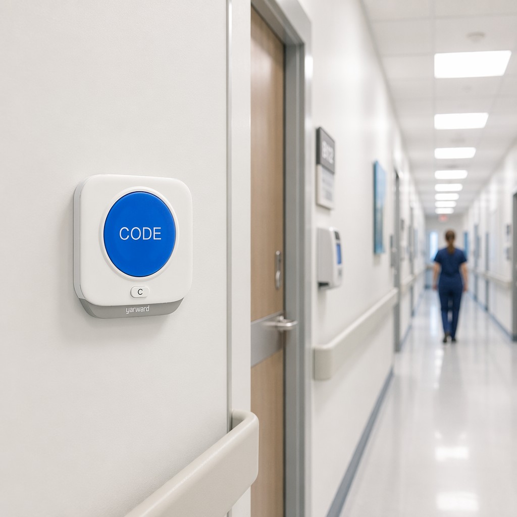 Yarward YHE-6277CB Code Blue emergency call button mounted on hospital corridor wall