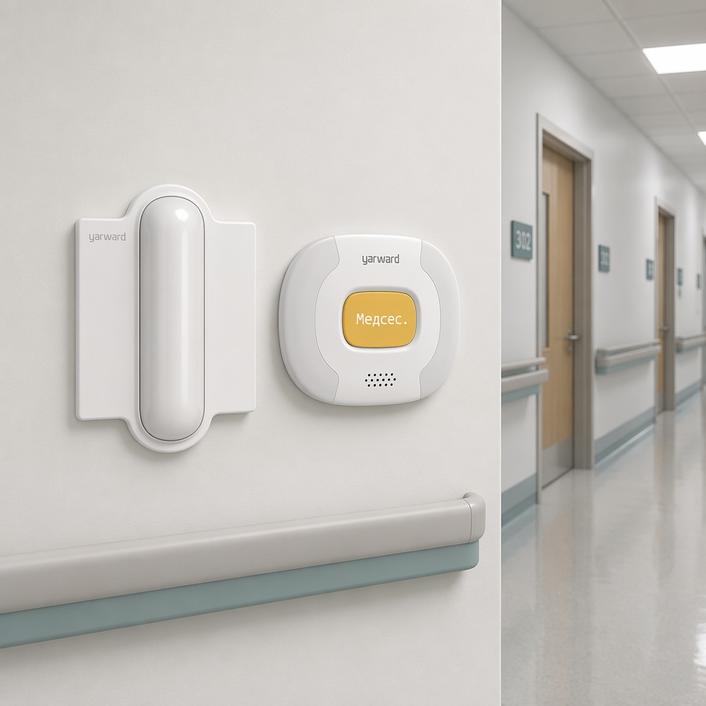 Yarward YHE-530S corridor indicator light and YHE-637S call unit mounted on modern hospital corridor wall