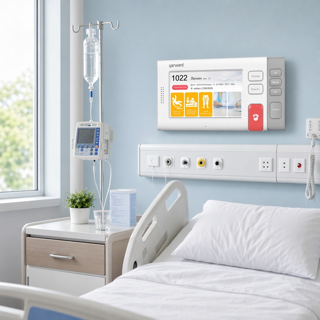 Yarward YHE-6257U IP nurse call bedside terminal mounted in modern hospital patient room
