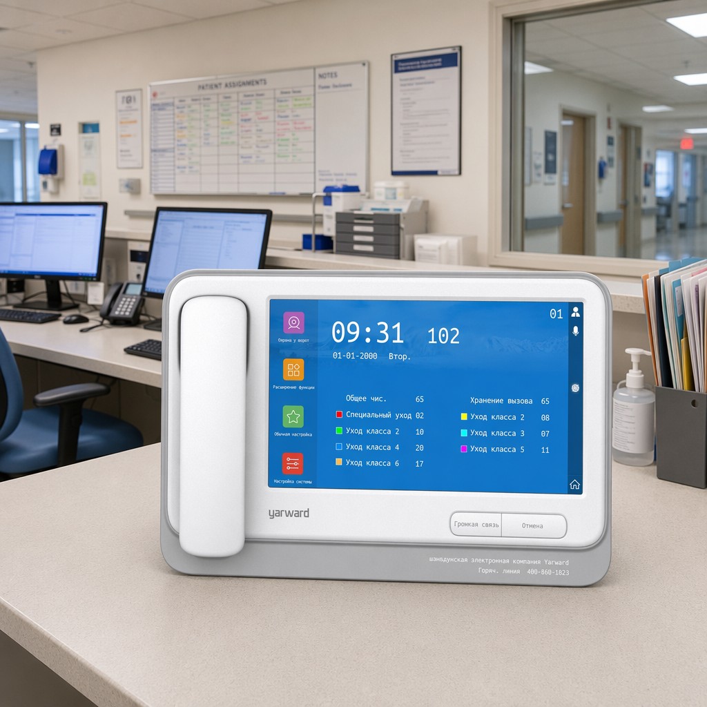 Yarward YHE-927 IP medical care host touchscreen console at hospital nursing station desk