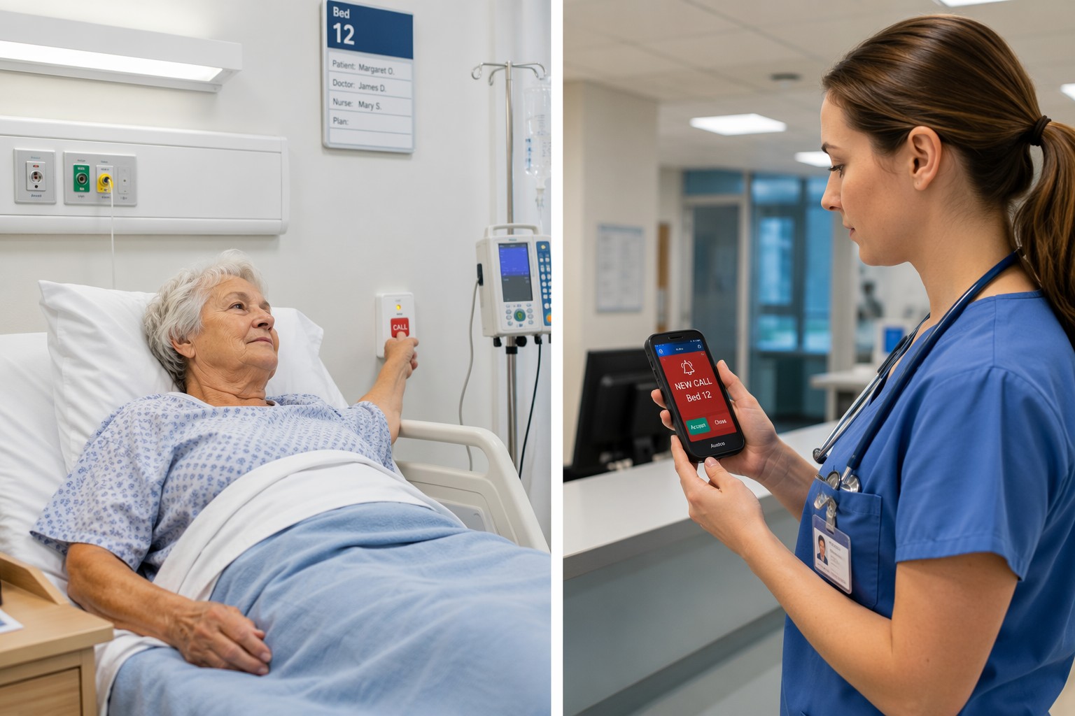 Patient pressing bedside nurse call button, nurse receiving wireless alert on mobile device in hospital ward