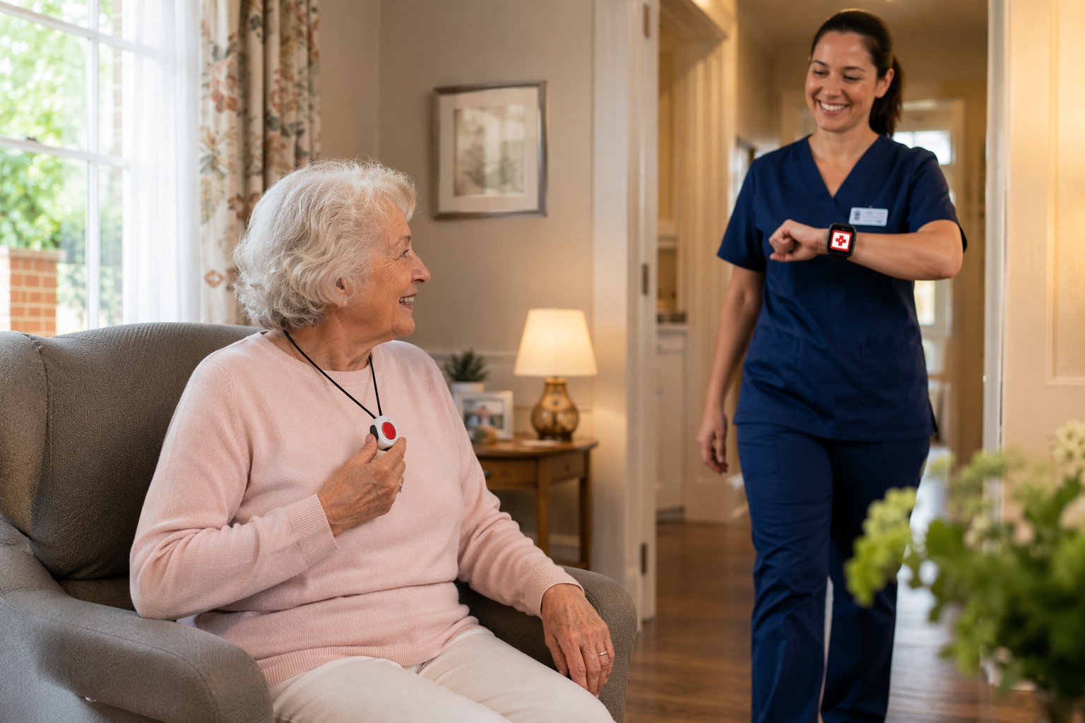 Elderly nursing home resident pressing wireless nurse call pendant, caregiver responding with wrist receiver