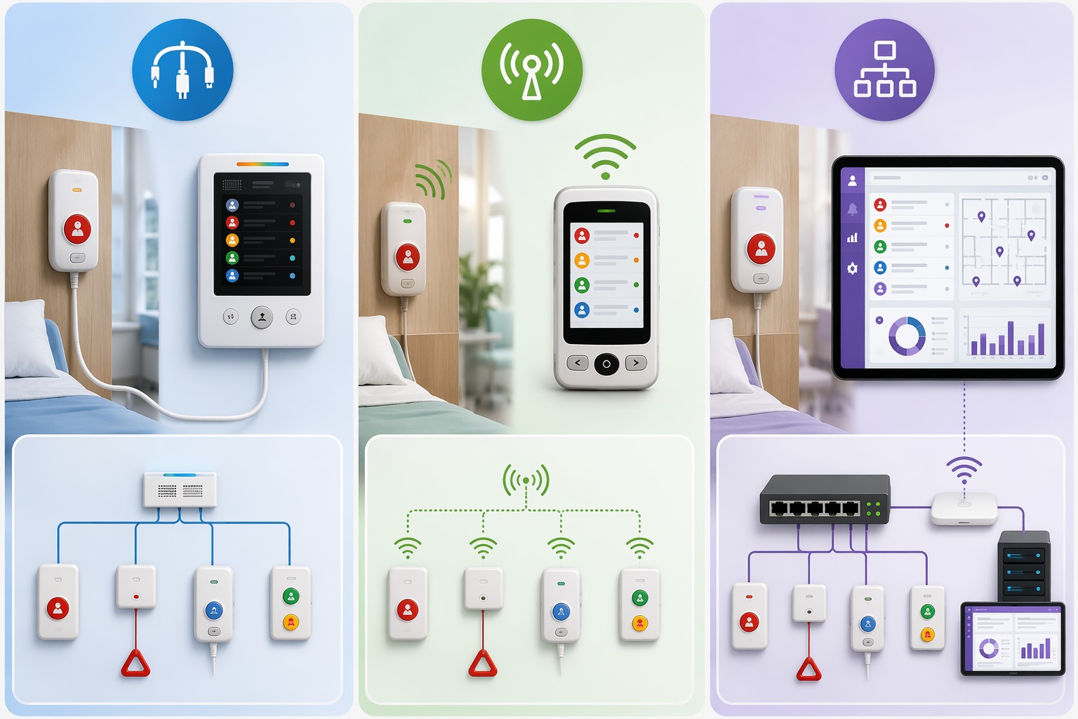 Visual comparison of three nurse call system technologies: wired, wireless, and IP-based